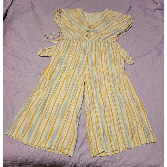 Multicolor Striped Summer Short Sleeve Wide Leg Jumpsuit S/M Pocket World Market - Picture 1 of 8